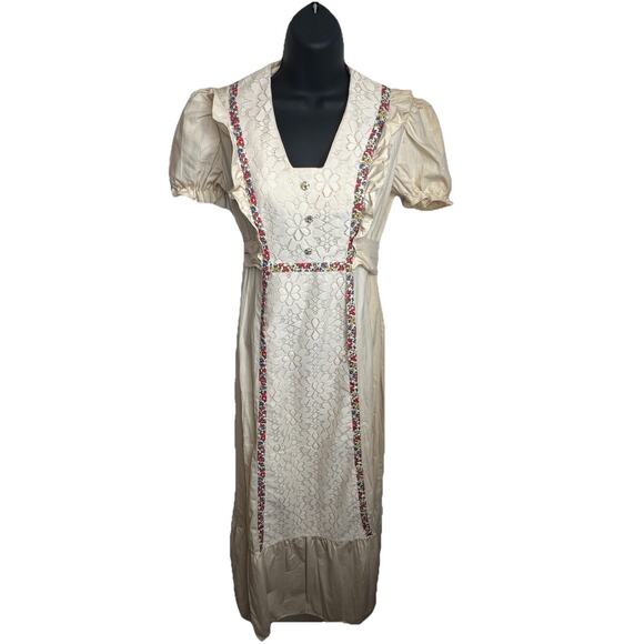 VTG 70s JCPenney Fashions Floral Boho Maxi Prairie Dress Cream Jr Petite Sz 7 - Picture 1 of 16